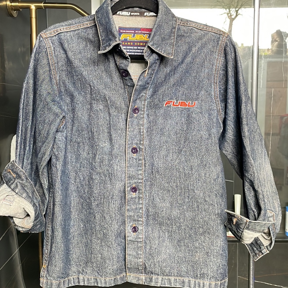 Fubu sports thick denim shirt size Xs womens small cropped sleeve y2k